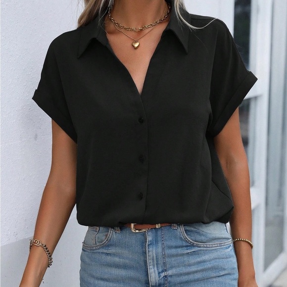 Rolled cuff short sleeve button up shirt work wear business casual black - Picture 1 of 3